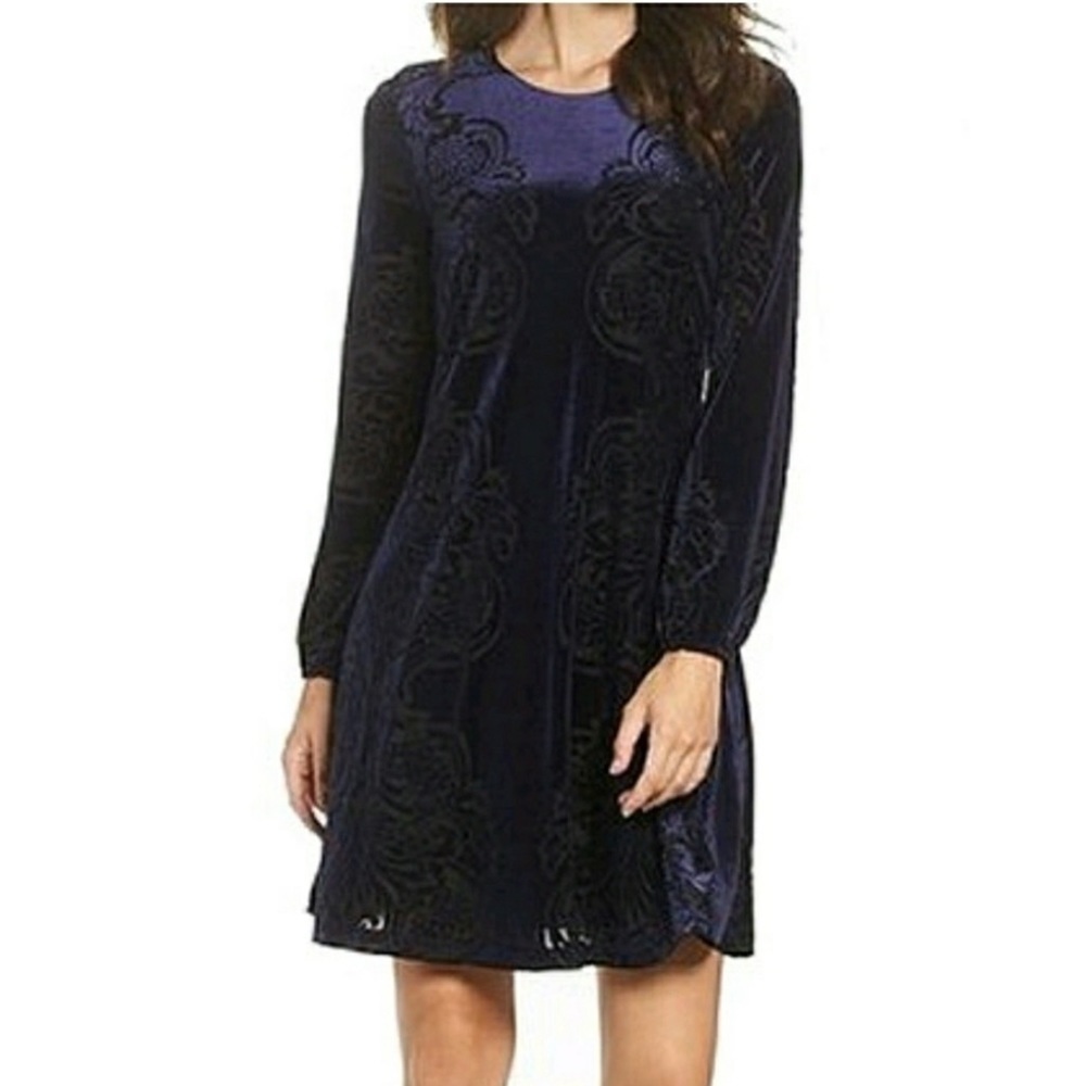 ELIZA J Velvet Burnout A-Line Long Sleeve Lined Navy Blue Mini Size 2 EUC Dress